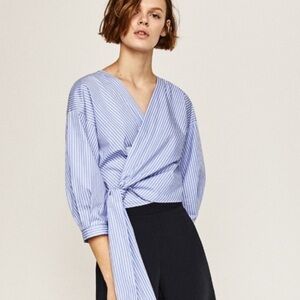 Zara Blue Wrap Tie Front Blouse